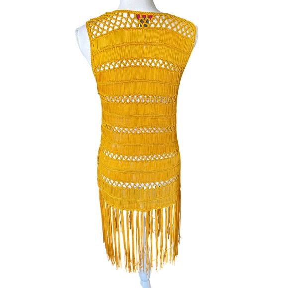 Rock & Roll Cowgirl Mustard Yellow Macrame Fringe Vest Longline Boho Women's L - Picture 6 of 13